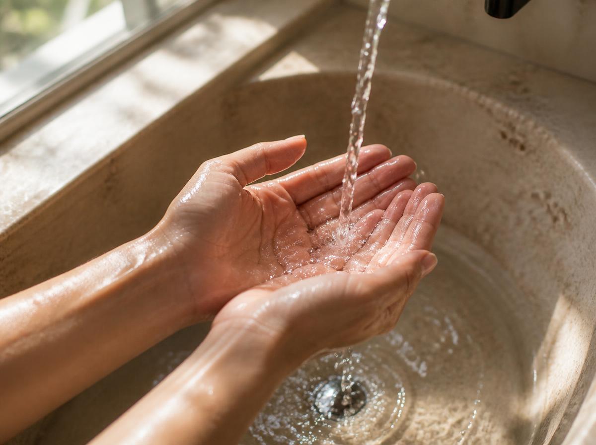 Two hands cupped together under running water at a sunlit stone sink