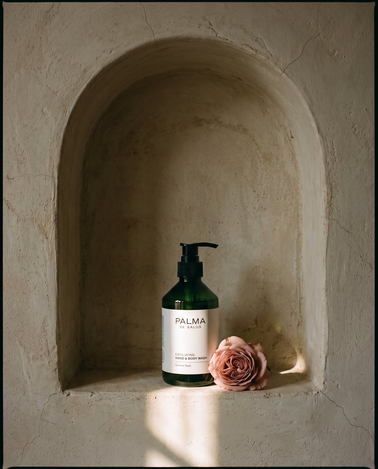 Summer Rose wash in a plaster window niche with a garden rose