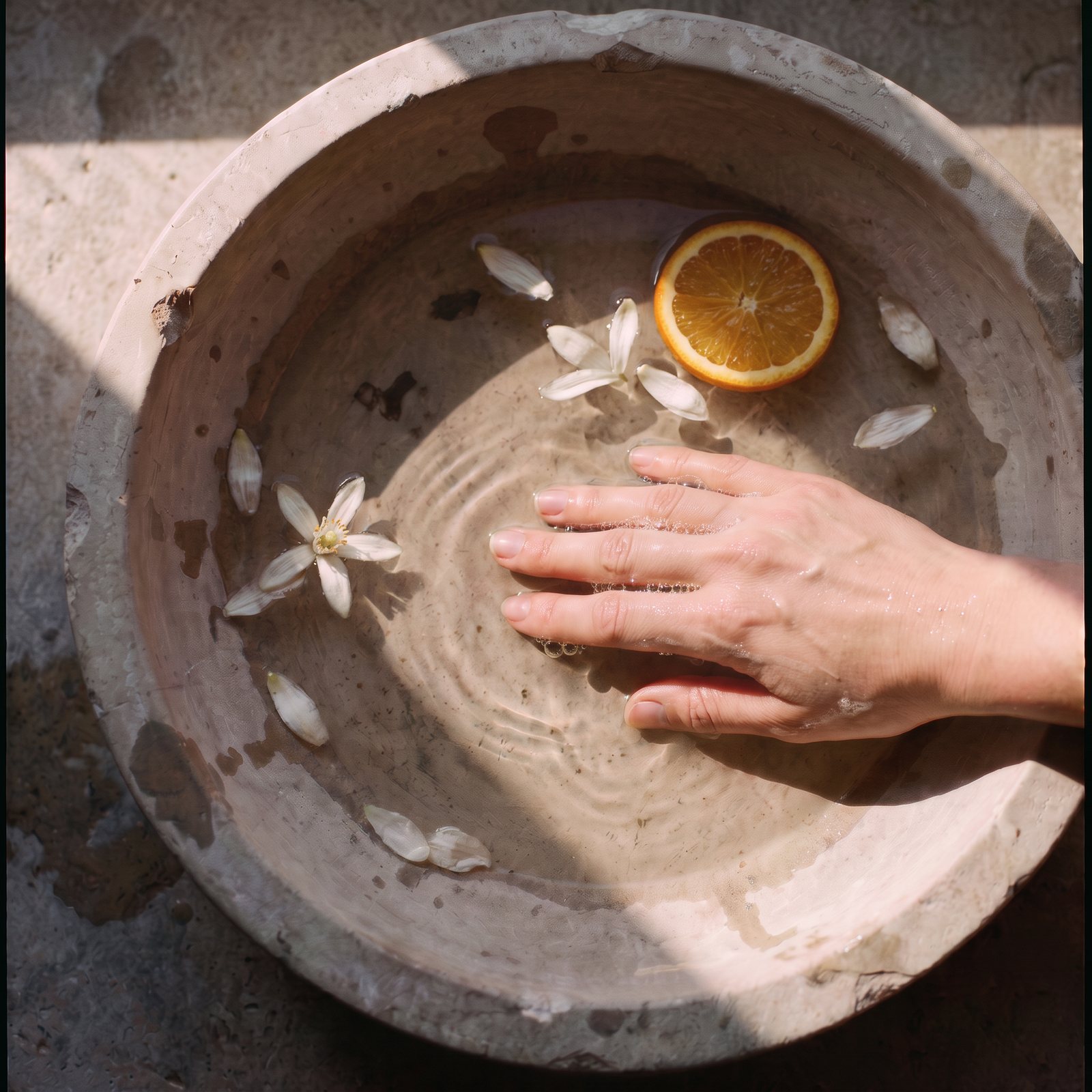 Hand resting in a stone basin with orange blossom and a slice of bitter orange