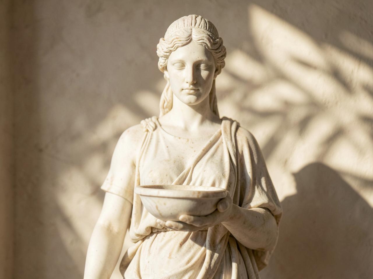 Marble statue of Salus, the Roman goddess of health, holding an offering bowl in warm light
