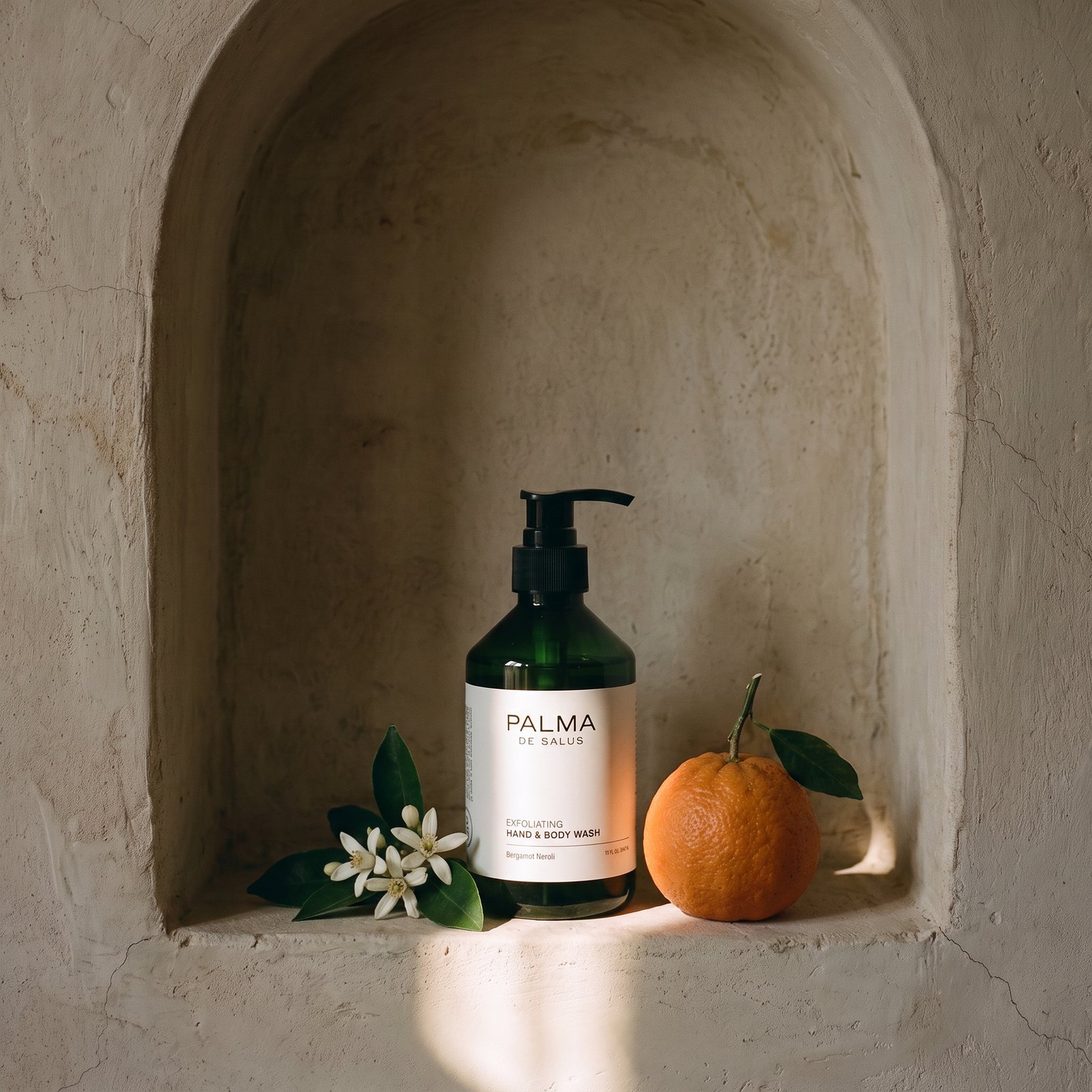 Bergamot Neroli wash in a plaster window niche with orange blossom and a bitter orange