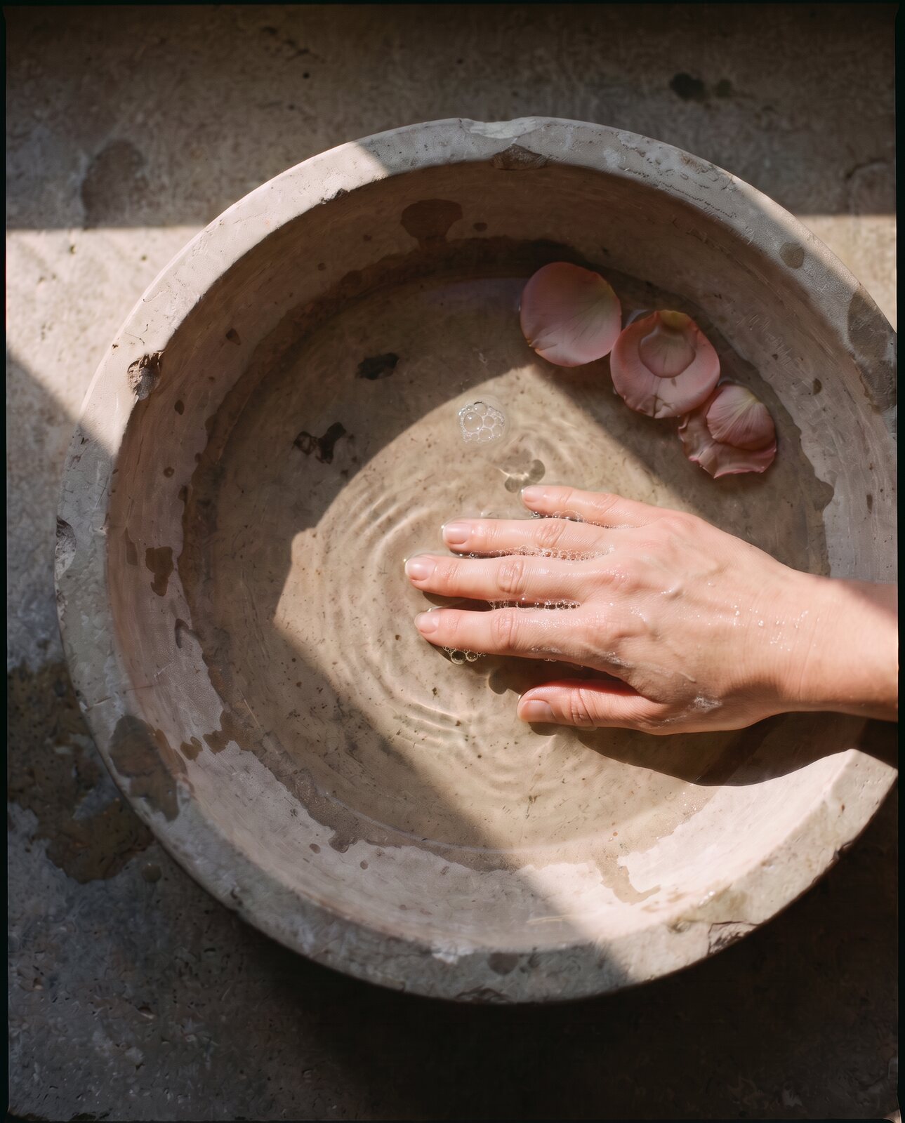 Hand resting in a stone basin of water with rose petals