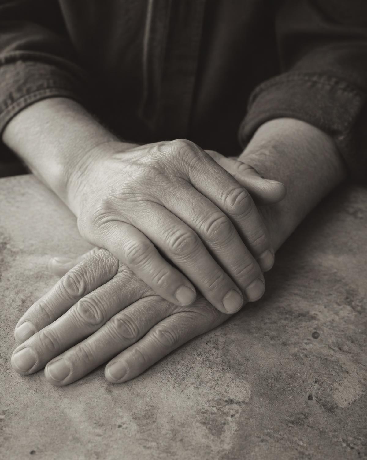 Lived-in hands resting on stone in natural light, knuckles and fine lines visible