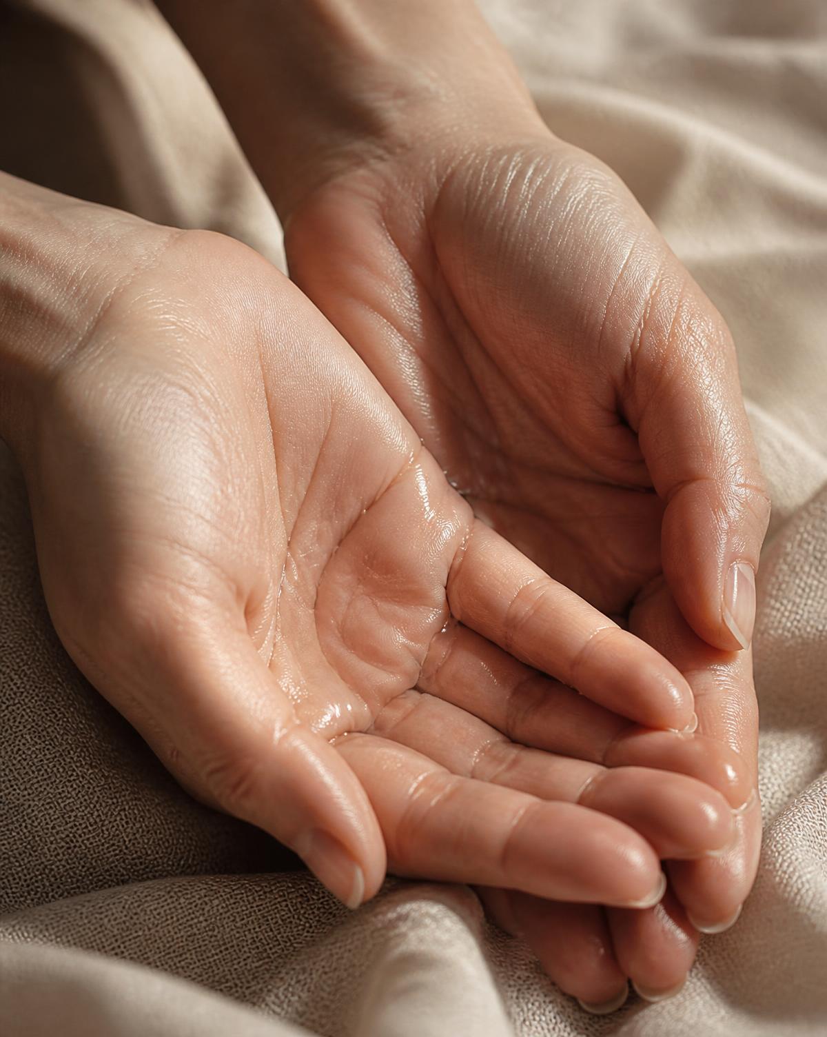 Close study of hands with a plant-based serum