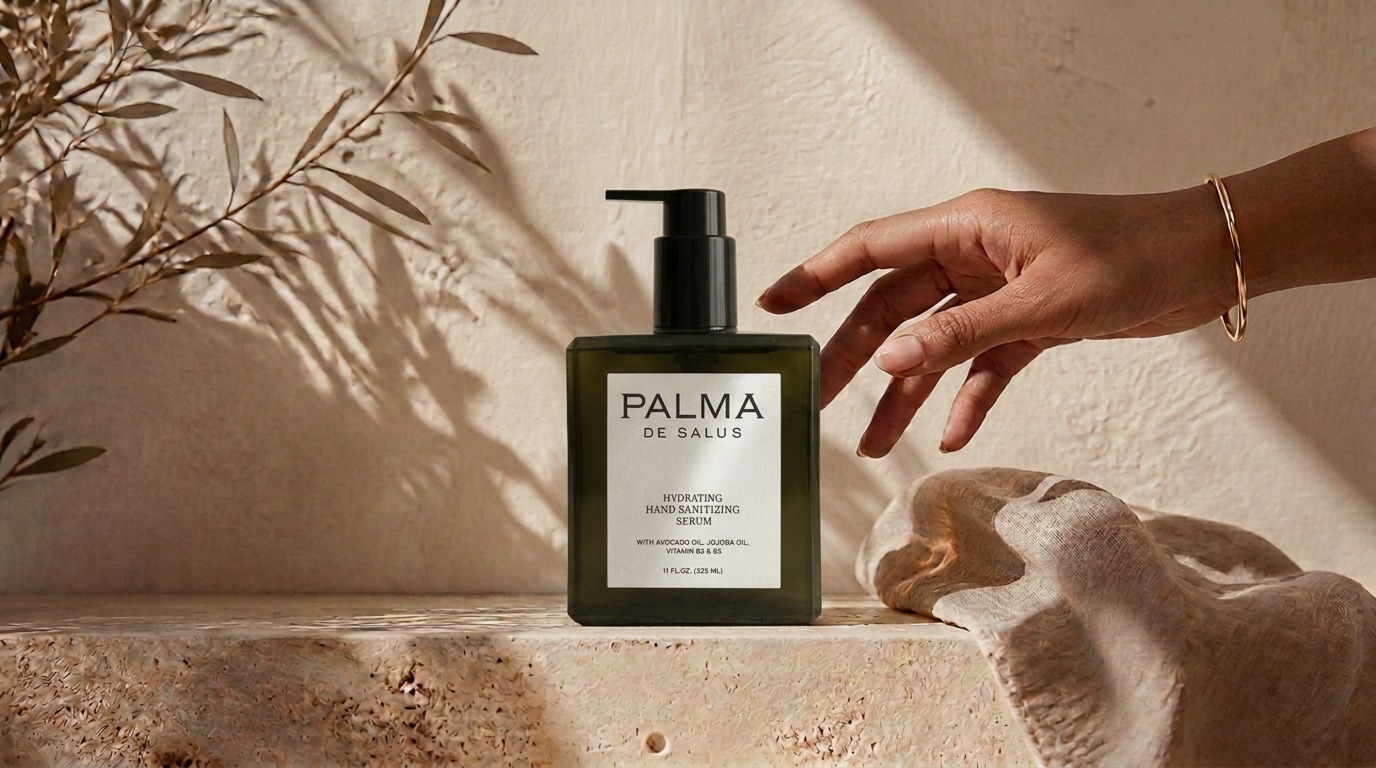 Hand reaching for the Palma de Salus Hydrating Hand Sanitizing Serum on a sunlit stone ledge