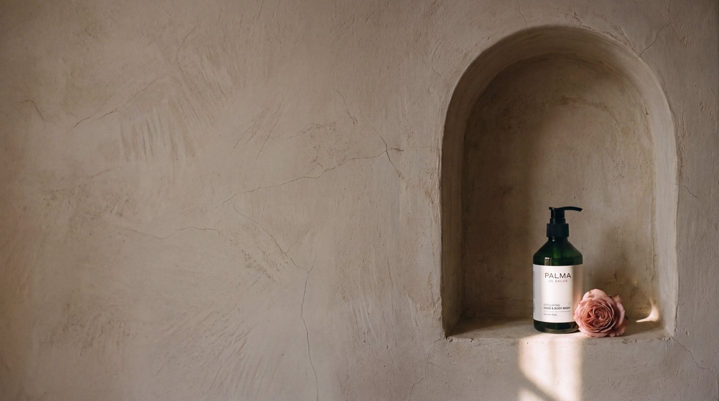 Palma de Salus Summer Rose Exfoliating Hand & Body Wash with a garden rose in a sunlit plaster niche