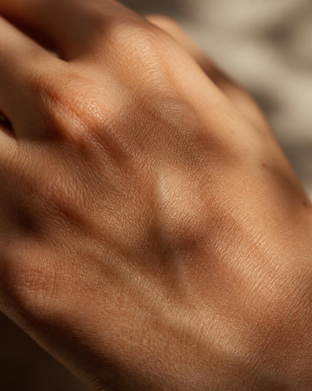 Macro close-up of the skin and tendons on the back of a hand, warm raking light